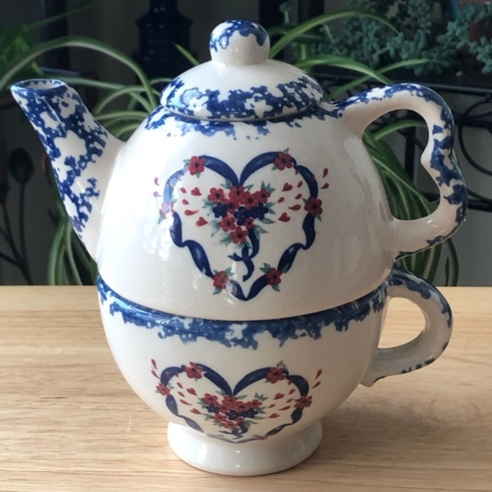 Nantucket Country Hearts Stacking Tea Pot & Cup 16oz Tea for One Vintage Ceramic - Picture 2 of 16